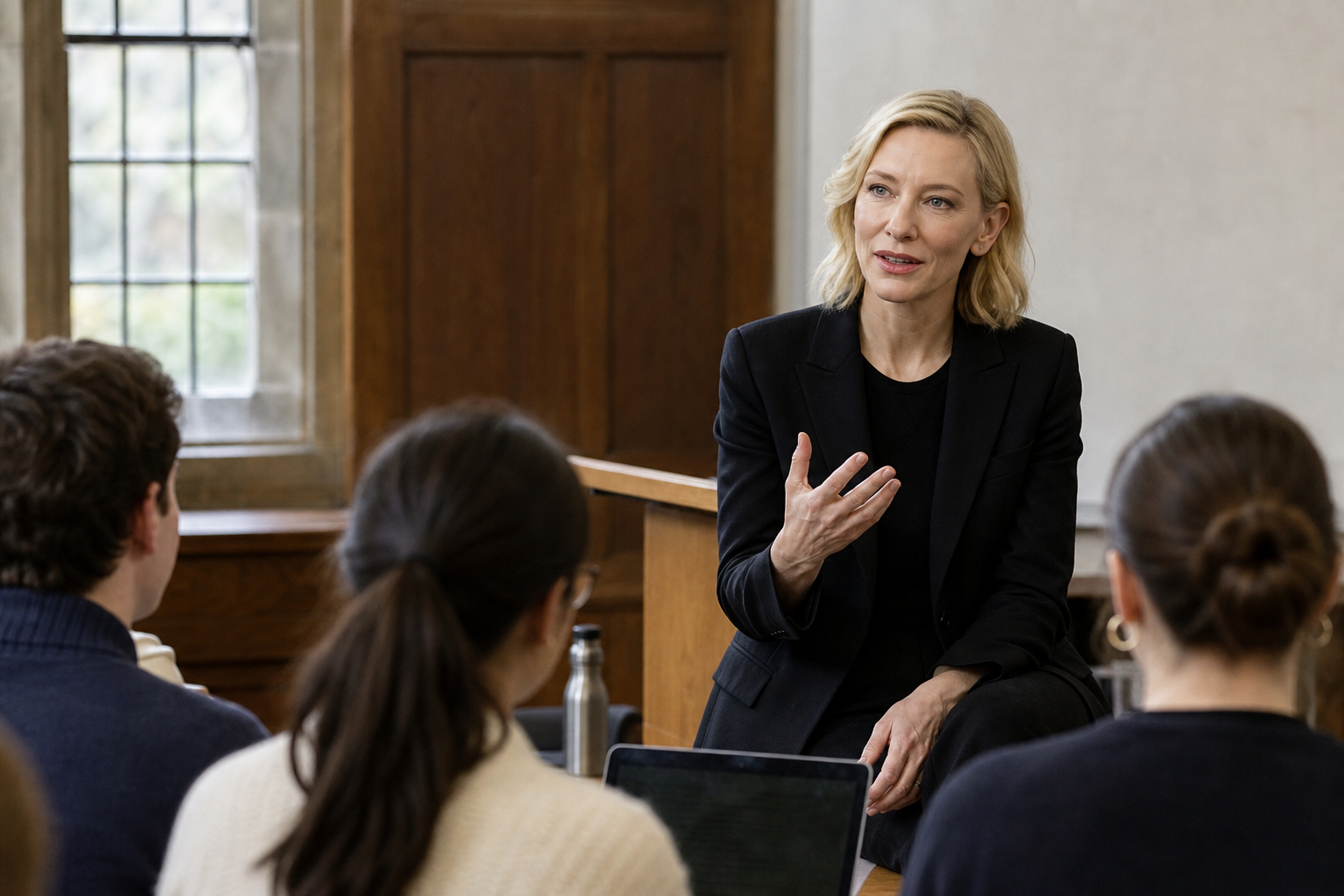 Cate Blanchett geeft les in hedendaags theater in Oxford