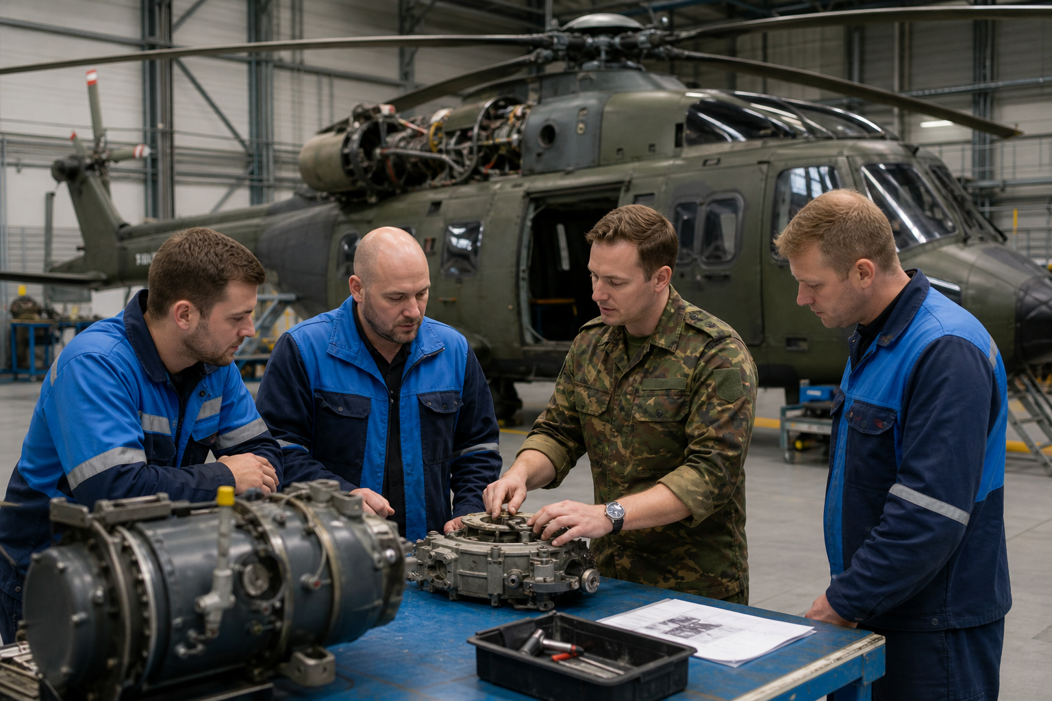 KLM-monteurs volgen training bij Defensie voor helikopteronderhoud