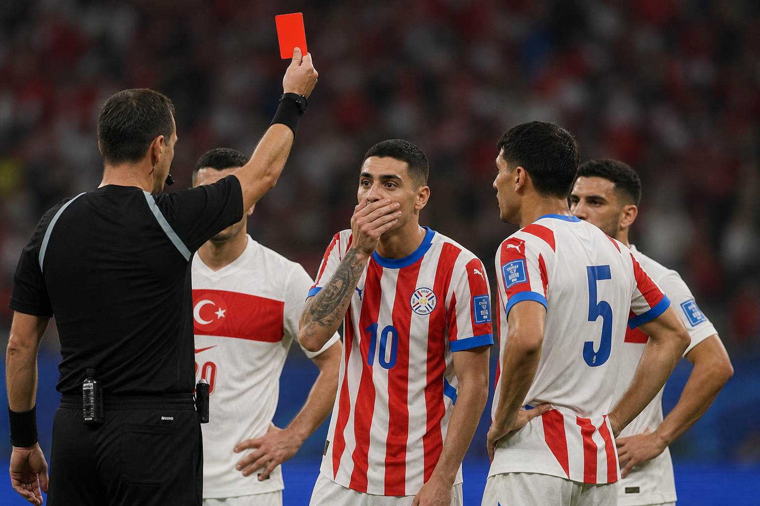 Almiron (Paraguay) krijgt historische rode kaart voor praten met hand voor mond