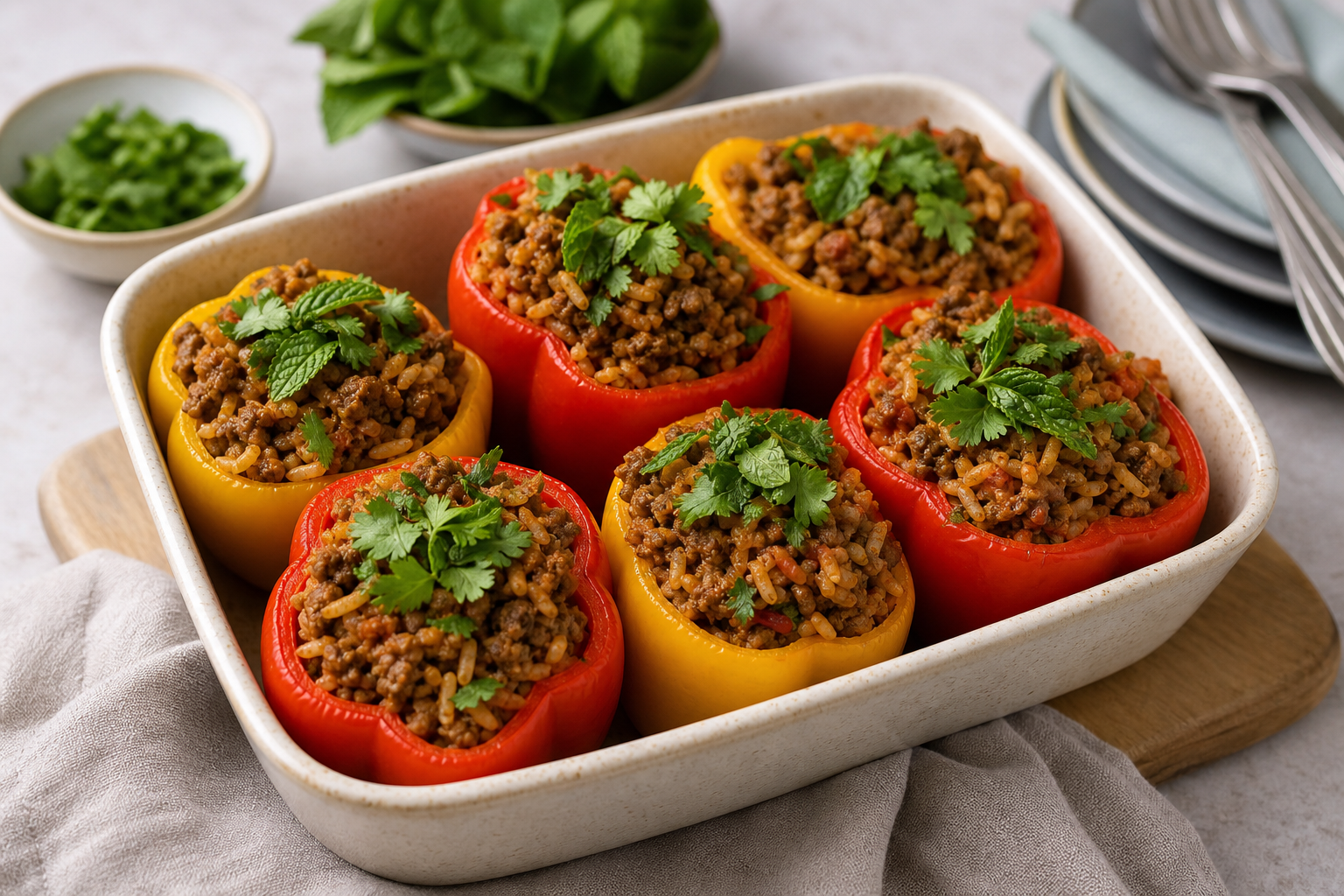 Gevulde paprika's met kruidig gehakt en rijst recept