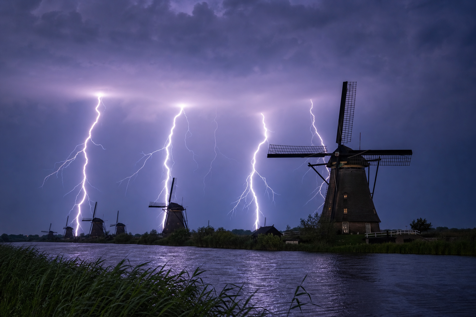 Stormjager legt vier bliksemschichten vast op één foto bij Kinderdijk